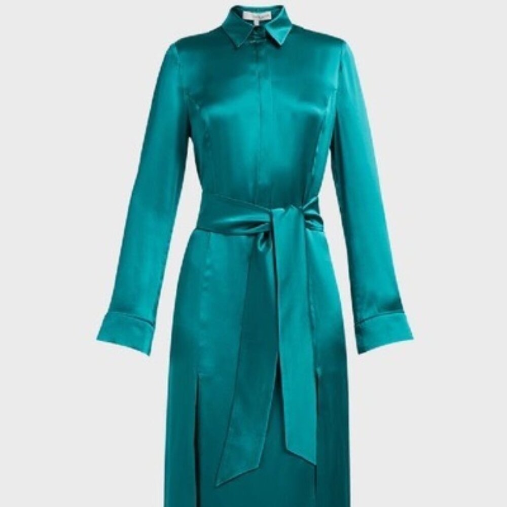 NWT Galvan Laguna Tie-waist Silk-satin Dress In Jade